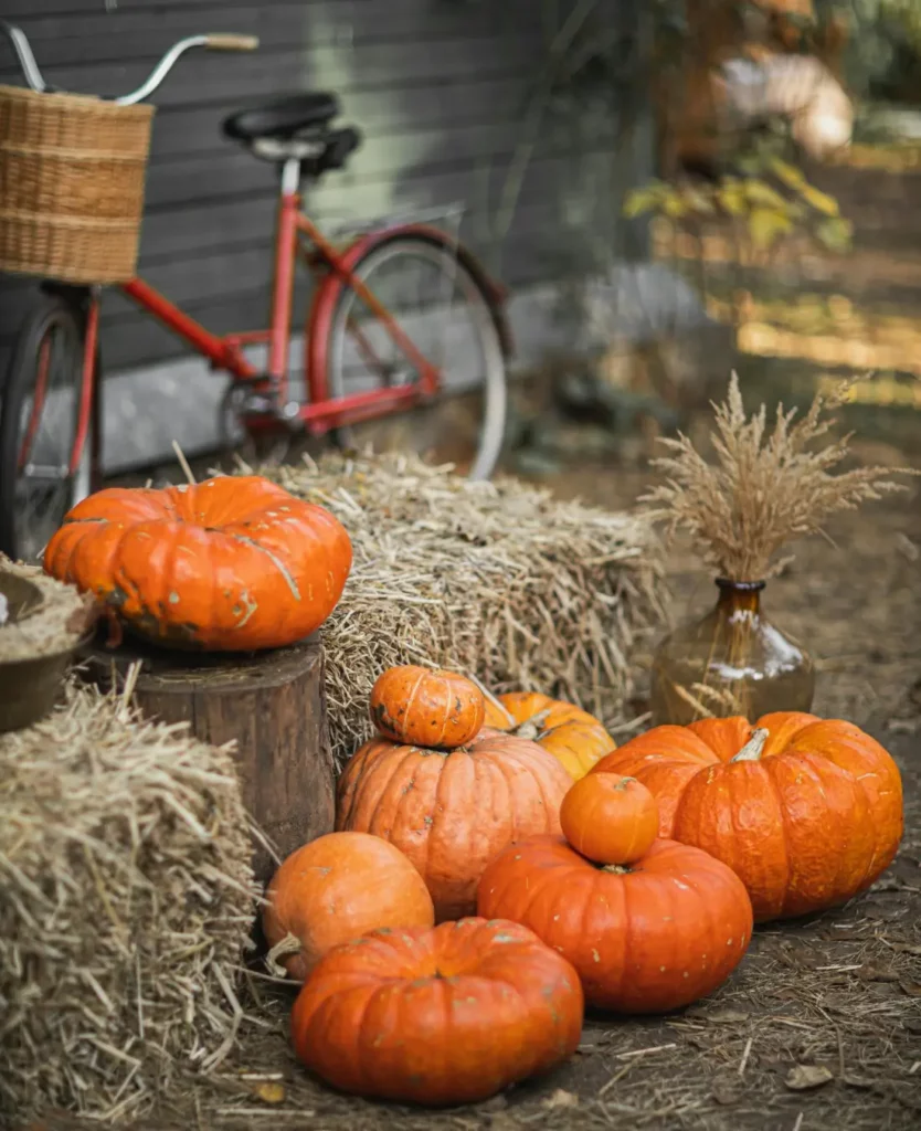 Décoration d'Halloween avec des citrouilles et des ballots de paille