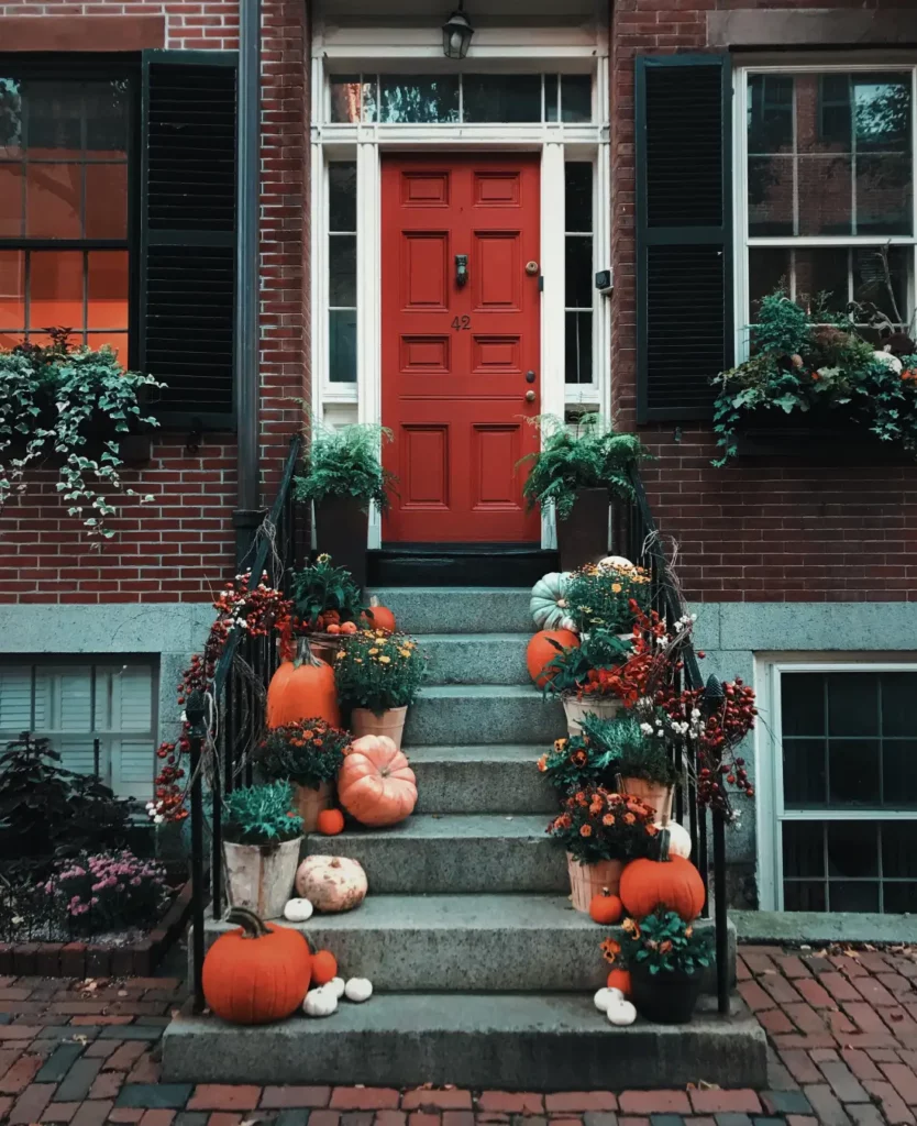 Décoration d'Halloween avec des citrouilles et des plantes sur les marches menant à la porte d'entrée d'une maison