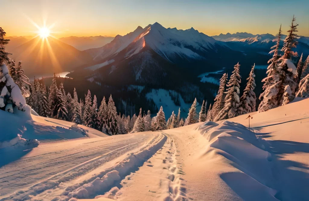 Montagnes enneigées au coucher du soleil