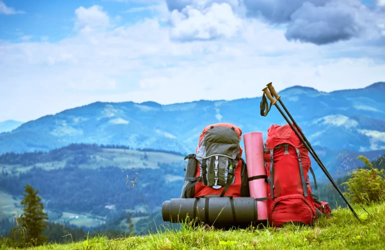 2 sacs de randonnées devant un paysage de montagne